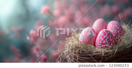Hand-painted Easter eggs in vibrant pastels arranged in a wicker basket with spring flowers 123090253