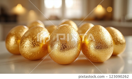 Elegant golden Easter eggs shine on a polished surface for a festive celebration 123090262