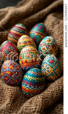 Colorful pysanky collection on woven fabric evokes cultural Easter traditions 123090267