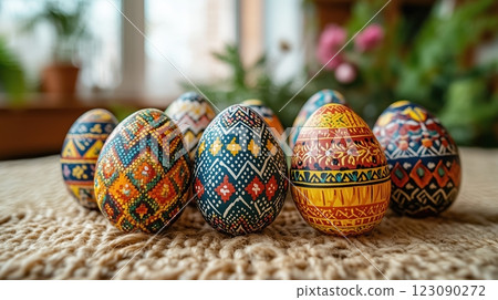 Colorful pysanky displayed on woven fabric in a warm setting celebrating Easter tradition Colorful pysanky displayed on woven fabric in a warm setting celebrating Easter tradition 123090272