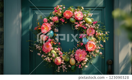 Charming front door with vibrant spring wreath and delicate Easter decorations Charming front door with vibrant spring wreath and delicate Easter decorations 123090328