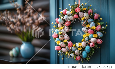 Cozy home entrance with spring flower wreath and Easter decorations on a sunny day Cozy home entrance with spring flower wreath and Easter decorations on a sunny day 123090343