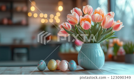 Bright and cheerful Easter table centerpiece with tulips and decorated eggs in modern kitchen 123090349