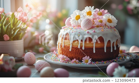Brightly lit Easter breakfast table with cake and spring flowers creating a joyful ambiance 123090473