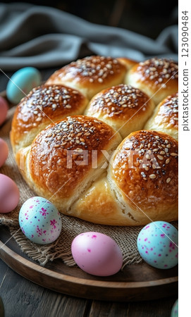 Freshly baked paska bread glazed and arranged with colorful Easter eggs in rustic setting 123090484