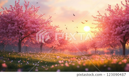 Blooming cherry trees under golden morning light in a vibrant spring landscape 123090487