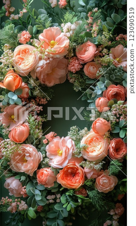 Pastel floral wreath featuring roses and tulips, illuminated by soft candlelight 123090519