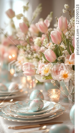 Elegant Easter table setting with pastel colors and floral arrangements for spring celebration 123090528