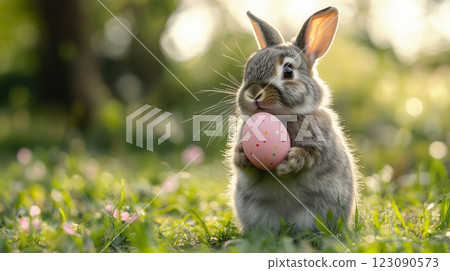 Fluffy gray bunny holds pastel pink Easter egg in a vibrant spring meadow under sunlight 123090573