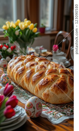 Family Easter breakfast table with paska bread, flowers, and painted eggs 123090580
