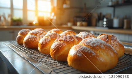 Freshly baked paska loaves cooling in a sunlit modern kitchen during Easter Freshly baked paska loaves cooling in a sunlit modern kitchen during Easter 123090588