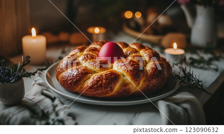 Traditional Greek tsoureki Easter bread displayed on a rustic table with red egg and candles 123090632