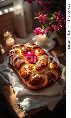 Traditional Greek tsoureki bread with red egg decorated for Easter celebration on wooden table 123090633