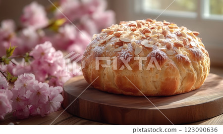 Traditional Italian Easter dove bread on a rustic board with cherry blossoms 123090636