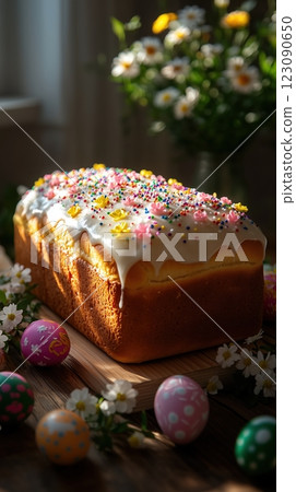Traditional Ukrainian Easter bread with vibrant toppings on a spring-themed table setting Traditional Ukrainian Easter bread with vibrant toppings on a spring-themed table setting 123090650