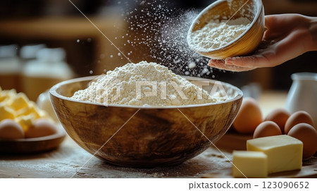 Baking a delightful Easter cake with flour, eggs, butter, and sugar on rustic wooden surface 123090652