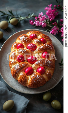 Greek tsoureki on a festive table with red eggs and fresh flowers in Mediterranean sunlight Greek tsoureki on a festive table with red eggs and fresh flowers in Mediterranean sunlight 123090660