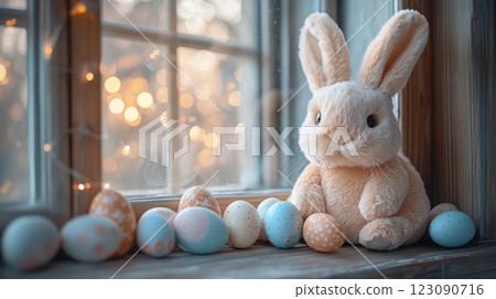 Soft plush bunny on a sunny windowsill adorned with pastel Easter eggs 123090716