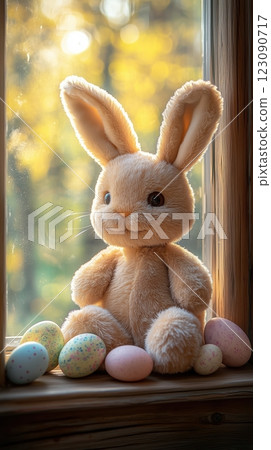Soft plush bunny on a sunny windowsill with pastel Easter eggs evokes cozy spring feelings 123090717
