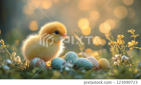 Fluffy yellow chick curiously exploring pastel-colored Easter eggs in green grass 123090723