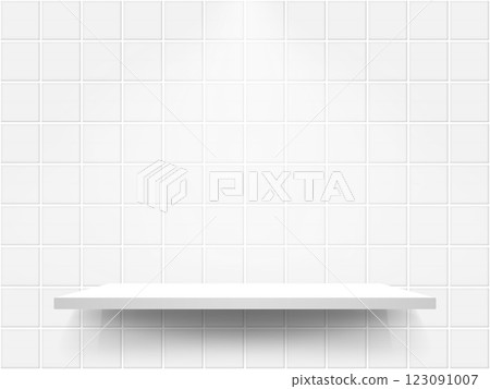 Bathroom shelf. Tiled wall with empty podium. Kitchen ceramic mosaic with white stage. Square tiles and platform. 3d bathroom interior mockup. Vector illustration 123091007