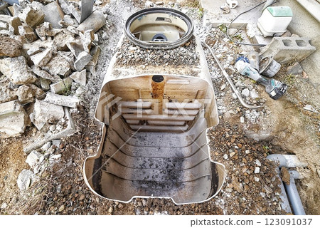 Demolition and backfilling of septic tanks during sewerage switching work Demolition and backfilling of septic tanks during sewerage switching work 123091037