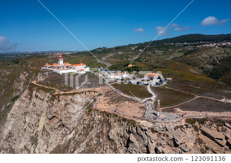 Drone view of Cabo da Roca lighthouse on cliff Drone view of Cabo da Roca lighthouse on cliff 123091136