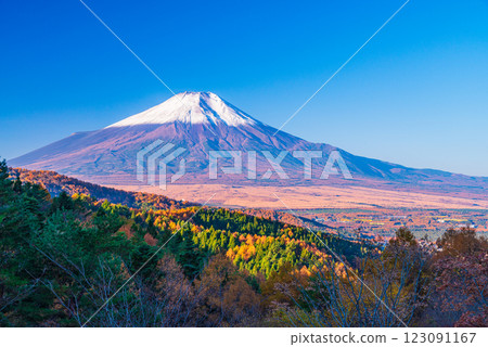 【山梨縣】從二曲嶺遠眺新雪覆蓋的富士山，秋葉美麗 123091167