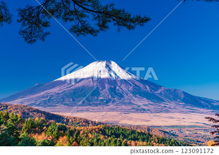 [Yamanashi Prefecture] View of Mount Fuji covered in fresh snow from Nijumagari Pass, where the autumn leaves are beautiful 123091172