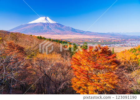 【山梨縣】從二曲嶺遠眺新雪覆蓋的富士山,秋葉美麗 【山梨縣】從二曲嶺遠眺新雪覆蓋的富士山,秋葉美麗 123091190