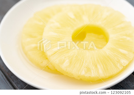 Close-up of canned pineapple slices in syrup Close-up of canned pineapple slices in syrup 123092105