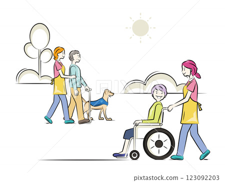 公園散步的老年男女、護理人員和服務犬（獵犬）| 護理和護理系列 123092203
