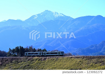 A Koumi Line train running with the Southern Alps in the background A Koumi Line train running with the Southern Alps in the background 123092272