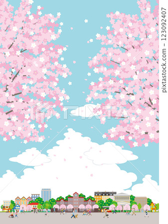 Illustration of a spring townscape with cherry blossoms in bloom. Illustration of people walking down the street. 123092407