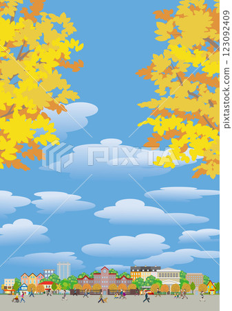 城市景觀的插圖與秋葉的人們在城鎮中行走的插圖。 123092409