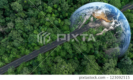 Asphalt road in middle of green tree forest road with globe planet earth, Green business sustainable energy environment ecosystem planet earth, Road to save earth planet save world and environment. 123092515