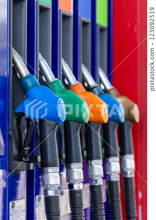 Fuel gasoline dispenser in gasoline station, Petrol pump filling nozzle at gasoline station fuel gasoline dispenser, Pistol pump gun fuel nozzle. 123092519
