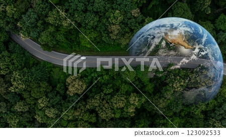 Aerial view EV electric vehicle car on middle green tree forest road globe earth planet, EV car electric vehicle car alternative sustainable energy eco power, Green business ecosystem environment. 123092533