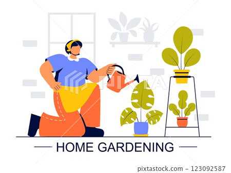 Home Gardening Vector Illustration featuring People Planting Gardens, Flowers, and Plants at Home and Outdoors in a Nature Concept Background 123092587