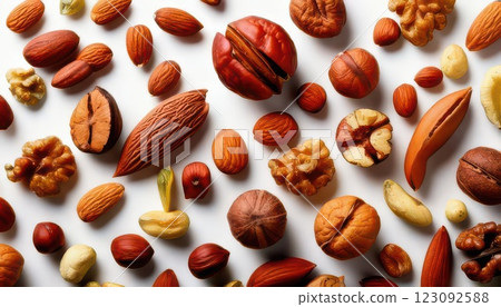 AI image: Various nuts lined up on a white background 123092588