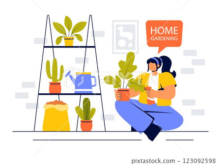 Home Gardening Vector Illustration featuring People Planting Gardens, Flowers, and Plants at Home and Outdoors in a Nature Concept Background 123092598