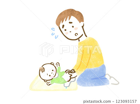 手繪插圖，一位父親正在幫寶寶換尿布，臉上帶著憂慮的表情 123093157