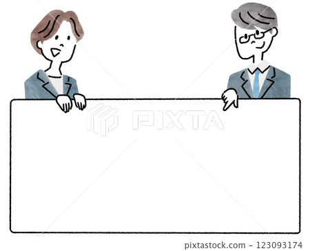 Two men and women in suits holding a board and pointing at it Business people Two men and women in suits holding a board and pointing at it Business people 123093174