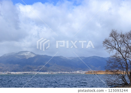 The surface of Lake Biwa choppy from strong winds and Mount Hiei covered in snow The surface of Lake Biwa choppy from strong winds and Mount Hiei covered in snow 123093244
