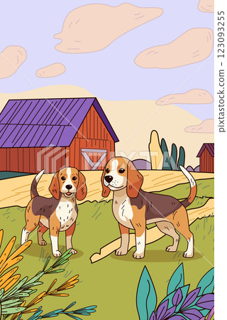 Beagle dogs farm setting countryside scene adorable beagles standing on grass near red barn colorful plants and sky charming rural landscape Beagle dogs farm setting countryside scene adorable beagles standing on grass near red barn colorful plants and sky charming rural landscape 123093255