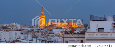 Seville Cathedral Santa Maria de la Sede illuminated at night 123093314