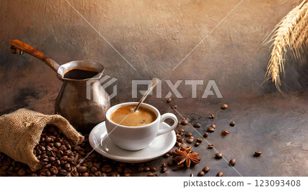 Freshly brewed coffee, top view, copy space 123093408
