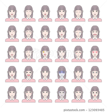 各種臉部表情女人設定30種圖案長髮 123093485