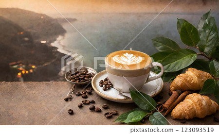 剛煮好的咖啡拿鐵,頂視圖,影印空間 剛煮好的咖啡拿鐵,頂視圖,影印空間 123093519