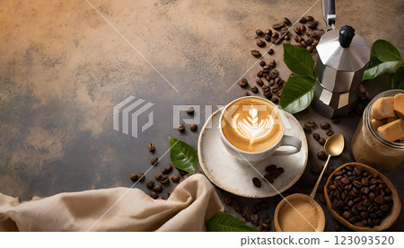 剛煮好的咖啡拿鐵，頂視圖，影印空間 123093520